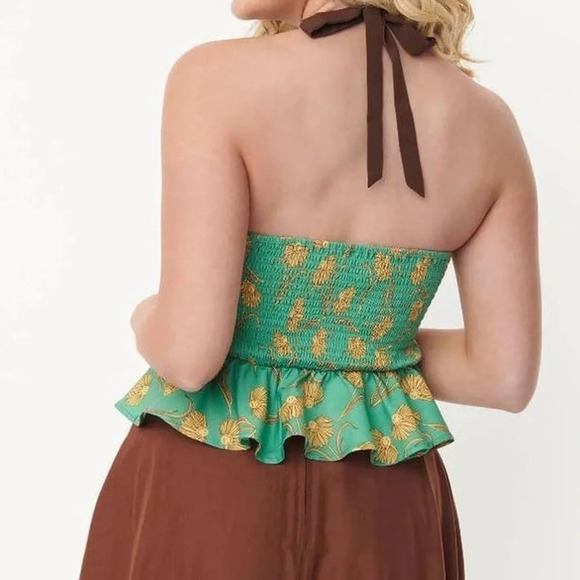 NWOT Unique Vintage Green Floral Retro Pinup Peplum Halter Blouse Top - Picture 3 of 6